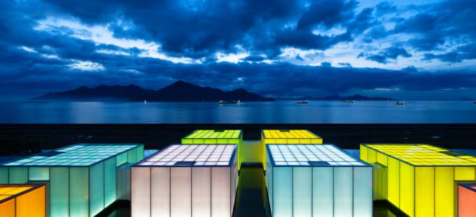 Illuminated pavilions on the Seto Inland Sea