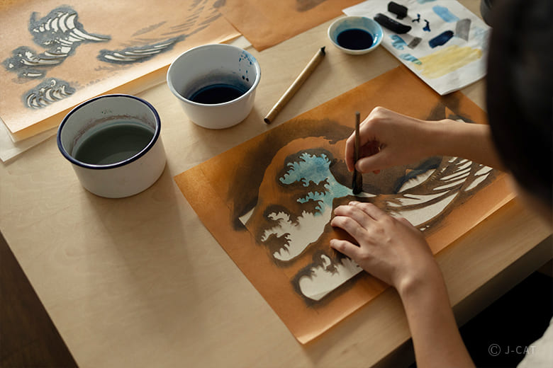 Ukiyo-e Motif Kataezome Stencil Dyeing Workshop in Tokyo with an